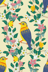 romantic seamless texture with flowering twigs and pretty birds,