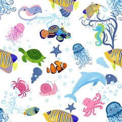 Naklejka na ściany i meble Marine life, fish, animals bright seamless pattern. sea travel, underwater diving animal tropical fish. Jellyfish, whale, shark, seahorse, clown fish, dolphin, turtle, emperor