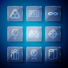 Set line Bowling pin, Medal, Fitness mat roll, Glasses for swimming, Time chess clock, Racket playing table tennis, Billiard balls rack triangle and Target sport icon. Vector