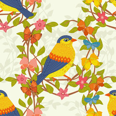 colorful seamless texture with floral twigs and cute birds, butt