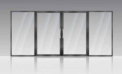 
Realistic glass door. Entrance modern glass doors, office or shop mall steel frame. Double glass doors to the shopping center or office.illustration of a layout of an entrance glass door with metal h