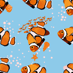 Amphiprion, Orange bright sea dweller clown fish surrounded by water bulbs, hand drawn