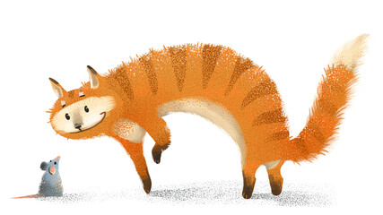 ginger cat looks curiously at a gray mouse, soft positive drawing on a white background