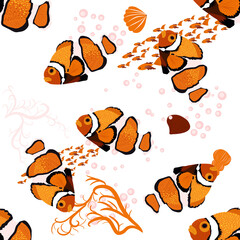 Amphiprion, Orange bright sea dweller clown fish surrounded by water bulbs, hand drawn