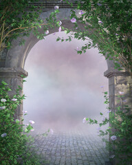 Romantic stone archway and pink flowering hibiscus bushes. Dreamy fantasy background of soft mist and clouds floating over weathered paving stones. © Studio Galatea
