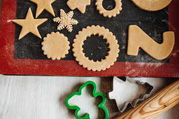 Christmas cookies. Making gingerbread cookies for Holidays. Gingerbread dough. Christmas Baking background. Form for cutting gingerbread. Merry Christmas and Happy Holidays.