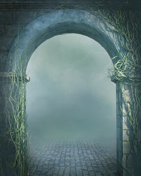 Ancient stone archway covered in vines. Eerie fantasy background of green, grey mist and fog drifting over old paving stones. 