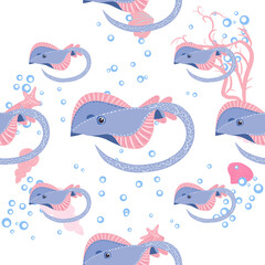 Batomorphi sea life, fish, animals bright seamless pattern. sea travel, snorkeling with animals, tropical fish.