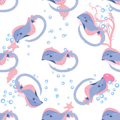 Batomorphi sea life, fish, animals bright seamless pattern. sea travel, snorkeling with animals, tropical fish.