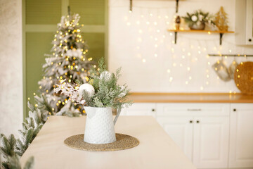 Christmas decor in kitchen at daylight
