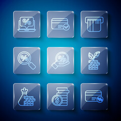 Set line Money bag and coin, Coin money with dollar, Discount card percent, Credit, tag, Magnifying glass, Percent discount laptop and Dollar plant icon. Vector