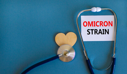 New Covid-19 omicron variant strain symbol. White card, words Omicron strain, stethoscope, blue...