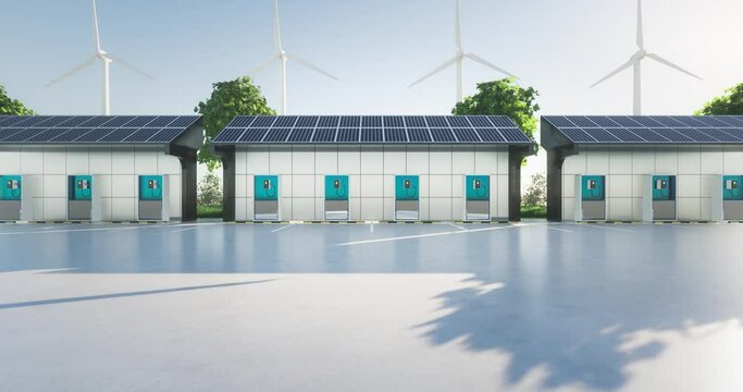 6k of 3d rendering of charging station or EV charger. Point for recharge electric vehicle battery consist of solar panel, concrete floor, turbine and plug for green power energy concept or background.