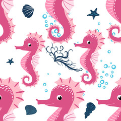 Seahorse, sea inhabitants seamless pattern, beautiful character among seashells, seaweed, starfish, marine