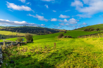 A view across the countryside towards the Manifiold valley next to the village of Wetton, UK on a sunny Autumn day