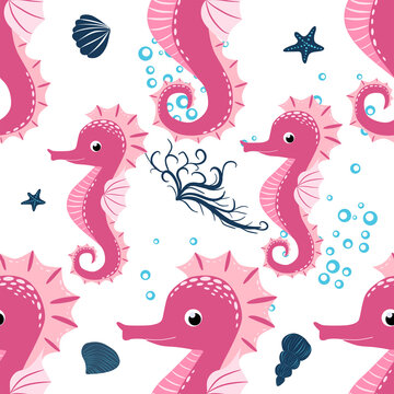 Seahorse, sea inhabitants seamless pattern, beautiful character among seashells, seaweed, starfish, marine © MichiruKayo