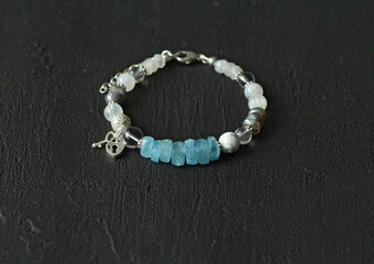 Beautiful asymmetrical designer bracelet made of natural stones and silver. Aquamarine, rock...