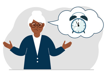 Sad grandmother with a balloon of air thoughts with an alarm clock. Time management, planning, organization of working time, effective business, deadline.
