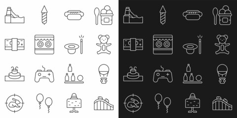 Set line Roller coaster, Hot air balloon, Teddy bear plush toy, Hotdog, Shooting gallery, Stacks paper money cash, Water slide and Magic hat and wand icon. Vector