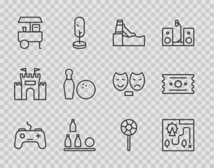 Set line Gamepad, Amusement park map, Water slide, Bottles ball, Fast street food cart, Bowling pin and, Lollipop and Ticket icon. Vector