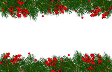 Spruce and red rowan berries border. Top and bottom edge. Bright realistic Christmas decor. Vector illustration isolated on white background, eps 10.