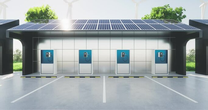 3d rendering of charging station or EV charger. Point for recharge electric vehicle battery consist of solar panel, concrete floor, turbine and plug for green power energy concept or background.
