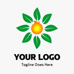 orange fruit icon and orange leaf icon rotating sun shape. fruit icon vector logo template for food and beverage business