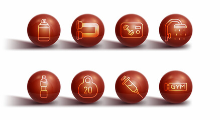 Set line Punching bag, Bottle of water, Shower head, Doping syringe, Kettlebell, Chest expander, Location gym and Fitness club, card icon. Vector