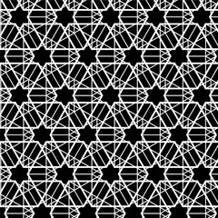 black and white geometrical and modern pattern, Star type texture, White lines on black background, Monochrome. Textile design
