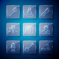Set line Fire hydrant, shovel, Cigarette, Flashlight, Telephone call 911, Electricity spark, Burning match with fire and Firefighter icon. Vector