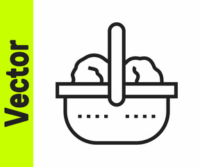 Black line Shopping basket and food icon isolated on white background. Food store, supermarket. Vector