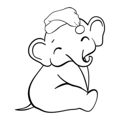 Hand drawn vector illustration of a cute funny elephant in a Santa hat
