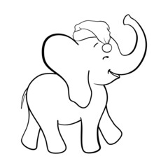Hand drawn vector illustration of a cute funny elephant in a Santa hat