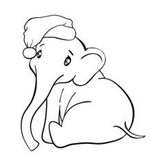 Hand drawn vector illustration of a cute funny elephant in a Santa hat