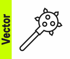 Black line Medieval chained mace ball icon isolated on white background. Morgenstern medieval weapon or mace with spikes. Vector