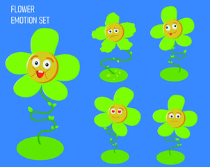 Cute set of different emotions cartoon flower character. Smiling. Flat style character. Isolated
