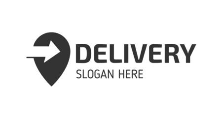 delivery logo lettering isolated on white. delivery black vector lettering with arrow in pointer. delivery logo lettering for your buisness design