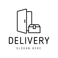 home delivery logo isolated on white. home delivery outline vector logo with open door and paecel. delivery logo lettering for your buisness design