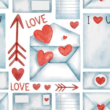 Hand Drawing Watercolor seamless pattern of Lovers Postage: envelope, love lettering, arrow and sheets with red hearts. Use gor your design, postcard, greeting card, wedding, valentine’s day