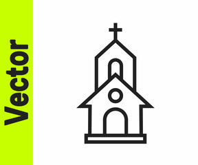 Black line Church building icon isolated on white background. Christian Church. Religion of church. Vector