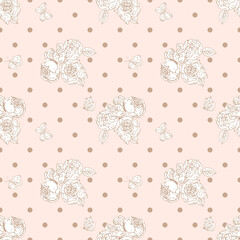 Roses, butterflies and polka dots seamless pattern vector illustration. Shabby chic contour patterns. For home textiles, apparel, packaging, home decor, wallpaper and promotional materials.