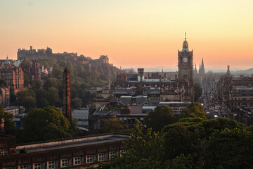Top view of Princes Street at sunset from Calton Hill. Edinburgh, Scotland, United Kingdom
