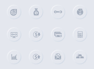 finance gray vector icons on round rubber buttons. finance icon set for web, mobile apps, ui design and promo business polygraphy