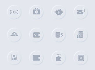 finance gray vector icons on round rubber buttons. finance icon set for web, mobile apps, ui design and promo business polygraphy