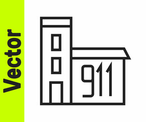 Black line Building of fire station icon isolated on white background. Fire department building. Vector