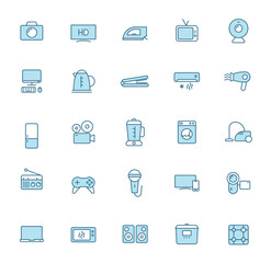 home appliances line vector icons in two colors isolated on white background. home appliances blue icon set for web design, ui, mobile apps, print polygraphy and promo advertising business