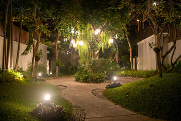 footpath alley with many lights at night park