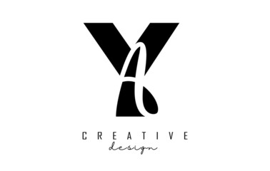 Letters YA logo with a minimalist design. Letters Y and A with geometric and handwritten typography. Creative Vector Illustration with letters.