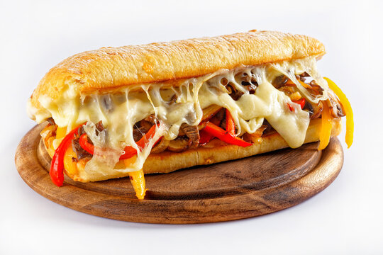 philly steak sandwich with melted cheese, top view