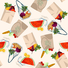Eco grocery bags. String bags, cotton bag and paper bag for shopping. Zero waste, environment preservation. Seamless background pattern.